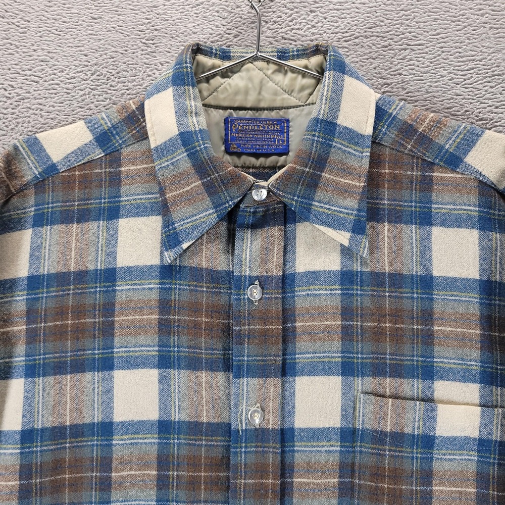 VTG Pendleton Shirt Jacket Mens L Blue Brown Plaid Wool Flannel Made in USA 70s
